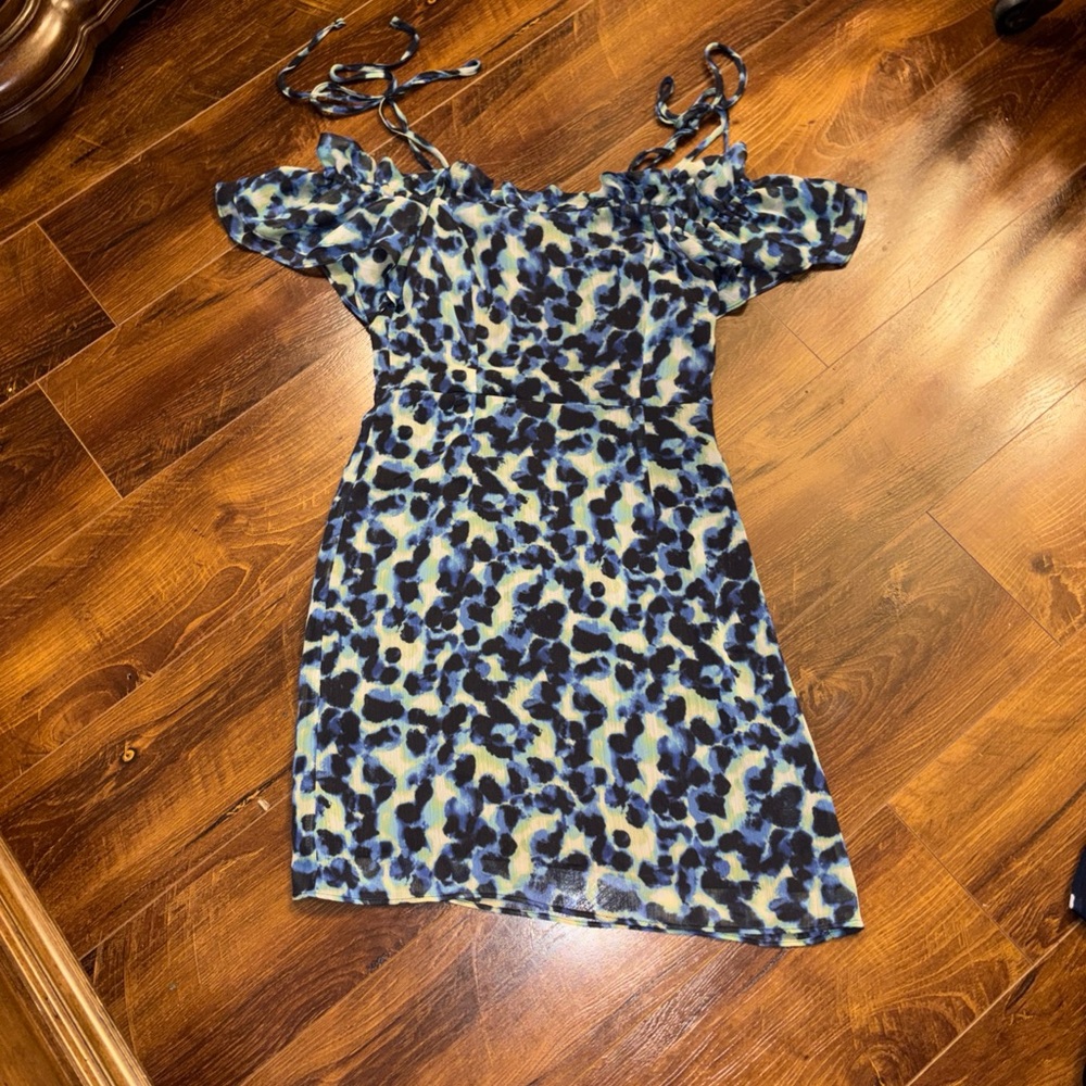 Topshop Blue and Black Leopard-Print Off-Shoulder Mini Dress
